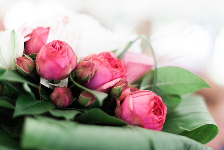 A close-up of a floral arrangement featuring several fresh pink peonies with tightly-closed buds and partially opened blooms, accented by lush green leaves and wrapped in decorative pink tissue paper.