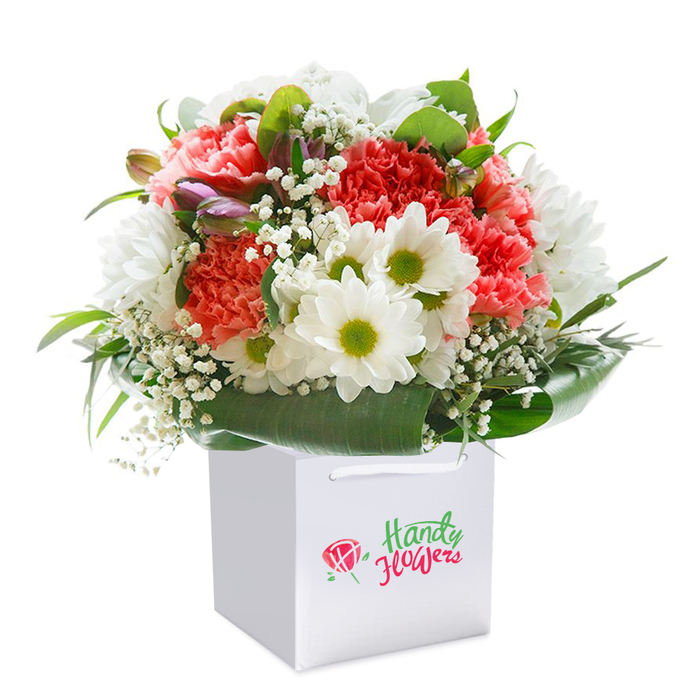 A vibrant floral arrangement designed for gifting or joyful display is presented upright inside a pristine square white carry bag, purposeful and elegant against a seamless white backdrop. At the heart of this bouquet are coral and red carnations, their luxurious layers of ruffled petals offering both visual richness and a touch of playful warmth. Clustered between them, snowy white daisies with radiant lime-tinted centers reflect the gentle morning light, their freshness reminiscent of the greenery and quiet streets around Lisson Grove. Wisps of delicate baby's breath trace through the arrangement, lending it a soft, ethereal texture. Completing the composition, glossy, deep green foliage forms an abundant collar at the base, providing sturdy structure and visual harmony. Unopened buds with soft purple flushes introduce subtle depth and intrigue, perhaps hinting at the promise of blooms yet to unfurl. The white gift bag - equipped with strong ribbon handles for easy carrying - presents both practical convenience and understated sophistication, making it ideal for birthdays, thank you gestures, or celebrating memorable occasions right here in the community or for same-day delivery throughout NW8. The attention to detail in every stem speaks to the quality and creativity of local florists who understand Lisson Grove's unique charm and style.