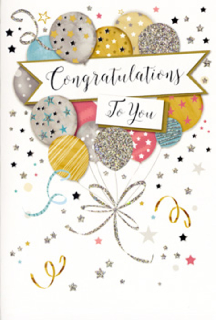 The photograph shows a beautifully designed congratulations card resting on a smooth surface, as if waiting to be slipped beside a bouquet ready to leave a Lisson Grove florist's workbench. Dominating the design is a cheerful cluster of helium-style balloons, drawn with generous curves that make them look almost touchably soft. Their colours are refined yet playful: brushed gold, pale champagne, icy silver, gentle sky blue, blush pink, and soft grey. Each balloon is decorated with its own pattern-some with scattered stars, others with delicate stripes or dustings of fine glitter-like speckles-so the composition feels as varied and lively as a bustling afternoon on Church Street. Thin, curling ribbons trail gracefully from the balloons in shimmering lines of gold and silver, interlacing and twisting together like the stems and foliage in a hand-crafted bouquet. These ribbons descend toward the lower part of the design, visually tying the whole card together. The background is kept light and airy, washed in a soft neutral tone and sprinkled with tiny metallic stars, dots, and festive spirals that evoke the carefree energy of a celebration, perhaps after good news shared in a café near Regent's Canal. Across the middle, a gracefully arched banner carries the inscription Congratulations To You in classic calligraphy, its sweeping letters giving the message a sense of sincerity and pride. This card radiates warmth and admiration, perfect for honouring exam success, a new job, or a special milestone for someone living in or around Lisson Grove and Marylebone. Imagined in the hands of a recipient, the raised glimmer of the ink and subtle sparkle of the design would feel as special as the flowers accompanying it.