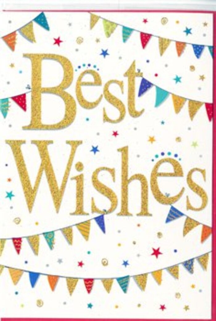 This elegant yet playful congratulations card feels like a snapshot of celebration, echoing the friendly, close-knit character of the Lisson Grove area. At the centre of the design, the phrase Best Wishes is written in sweeping golden script, the lettering embossed so that it rises slightly off the bright white background. The gold is softly glittered, catching light in a way that suggests movement, like sunlight glinting on the canal near Paddington Basin. Around this central message, gentle arcs of bunting stretch across the card, resembling the festive lines of flags that might adorn a local street party or market day not far from Marylebone Road. Each little triangular pennant is colored in vivid shades-bold scarlet, cobalt blue, emerald, mustard yellow-and decorated with patterns that alternate between stripes, polka dots, and tiny geometric motifs. No two flags look exactly alike, giving the impression of something hand-crafted with care and personality. Between these colourful arcs, the designer has scattered minute starbursts and confetti-like dots in coordinating tones, so the card seems alive with tiny sparks of joy, as if caught in the moment just after someone shouts congratulations. The crisp white space allows the golden text and the colourful bunting to breathe, keeping the composition balanced and uncluttered while still brimming with energy. This is the kind of card you might include with a fresh, celebratory bouquet sent across Lisson Grove to mark a graduation, a new home, or a well-earned promotion-any occasion where you want your wishes to feel genuinely warm, optimistic, and thoughtfully presented. The overall effect is uplifting, charming, and quietly sophisticated.
