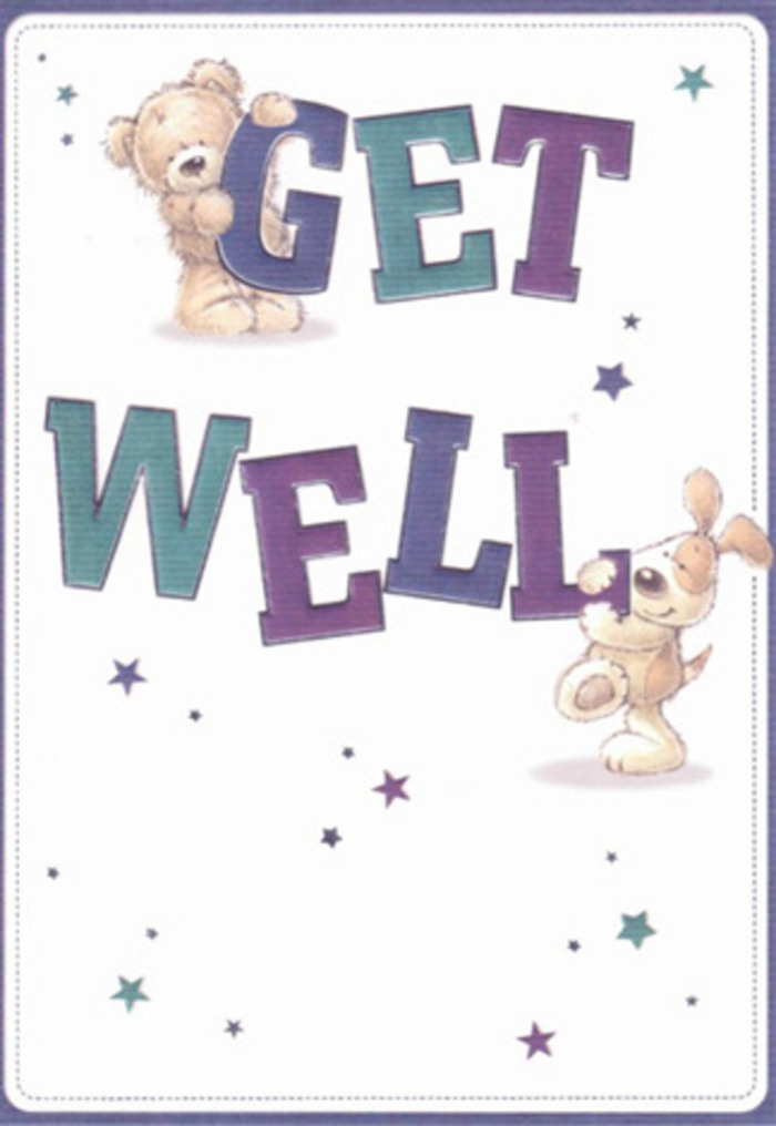 This get well card is a gentle celebration in paper, the kind of heartfelt gesture reminiscent of a neighbourly visit here in Lisson Grove. The friendly bear, with a coat that nearly begs to be hugged, anchors the 'GET' with his rounded figure, while his companion-a playful, long-eared puppy-adds a sense of ease atop the bold 'WELL.' The whole composition is alive with whimsical stars leaping across a soft, luminous background, their purples and blues echoing the calm of early evening skies above Regent's Park. The oversized, energetic typeface carries no hint of hurry, instead offering a steady encouragement akin to watching flowers bloom slowly in a well-loved home on Lisson Grove. Both animals are rendered with a textured, almost tactile quality, inviting thoughts of gentle paws and warmth. Imagine receiving this card with a fresh bouquet delivered right to a friend's doorstep near Bell Street-a pairing that would assuredly lift spirits with both its beauty and intention. The atmosphere is as light as a spring breeze: hopeful, soothing, and spirited, carrying the friendly essence of the community and the dedication of a local florist's craft.