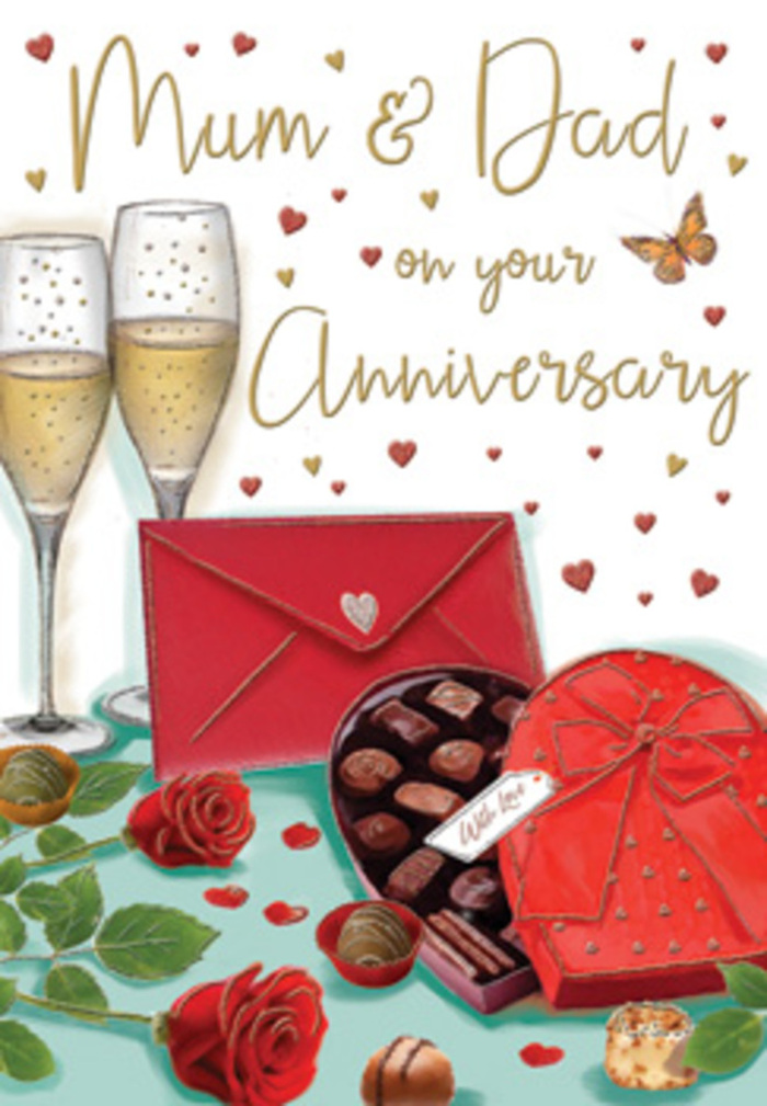 The anniversary card in this image feels like a cosy evening celebration captured in illustration, much like a special family gathering in a Lisson Grove home. At the centre are two tall, elegant champagne flutes, brimming with golden sparkling wine, the effervescent bubbles suspended as though caught just before the clink of a toast. Around the glasses, deep red roses are artfully arranged, some lying gently on the tabletop, their velvety petals layered and full, the rich scarlet shade echoing the kind of premium stems a skilled local florist would choose for parents marking a milestone year. Lush green foliage cradles the blooms, adding a fresh, botanical backdrop that softens the scene. In front sits a heart-shaped box of chocolates, its lid propped open to reveal carefully nestled truffles in warm, cocoa tones. A dramatic red satin bow wraps the box, its sheen catching the ambient light and reinforcing the sense of indulgence and care. A vivid scarlet envelope lies close by, perfectly sealed and slightly angled, suggesting a hand-written anniversary card addressed to Mum & Dad, full of personal memories and thanks. Scattered across the background, delicate golden accents and tiny crimson hearts float gently, framing the arrangement with a soft aura of romance and family warmth. The colour palette of gold, red, and green creates a luxurious yet approachable mood, reminiscent of a quiet celebration after a stroll through nearby Marylebone or along the canal. The entire illustration radiates affection, togetherness, and a promise of many more shared toasts to come.
