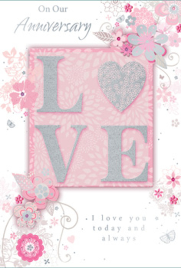An exquisitely detailed anniversary card is shown open, its design unfolding like a delicate floral display carefully composed by an experienced Lisson Grove florist. At its heart, the word LOVE appears in softly raised, glitter-dusted letters, each character edged with a frosted shimmer that plays with the light in a subtle, romantic way. The letters rest on a gentle blush-pink panel, almost glowing against the surrounding palette of ivory, pale lilac, and muted silver, reminiscent of misty mornings along the nearby canals and leafy streets. Around this central motif, wispy, hand-drawn blooms and slender sprays of foliage drift along the borders, just as blossoms might spill naturally from a hand-tied bouquet. The flowers, rendered in shades of blush pink, lilac, and creamy white, are outlined with delicate lines and shaded with such finesse that each petal appears soft and layered, like the textured petals of garden roses delivered to homes off Lisson Grove and along St John's Wood Road. Interwoven among the florals are fine filigree curls, dainty leaves, and almost-hidden butterflies that seem to flutter between the stems, suggesting the gentle flutter of hearts on an anniversary morning. Nestled within the composition, the message I love you today and always appears in graceful, understated type, set so it feels like a heartfelt whisper tucked inside a bouquet. Flower Delivery Lisson Grove would describe the overall mood as hushed and luminous, capturing the feeling of stepping into a sunlit room where love is honoured in everyday gestures. The textures-the smooth card, the raised glitter, the delicate printed lines-invite touch, making this card feel as cherished and thoughtfully crafted as an artisanal floral arrangement.