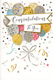 In this image, a refined congratulations card is displayed as if it has just been chosen from a stand in a Lisson Grove flower shop, ready to accompany a celebratory bouquet. The centre of the card is animated by a floating cluster of party balloons, each balloon softly rounded and gently overlapping the next, giving a sense of depth and buoyancy. Their colours are a harmonious mix of champagne gold, luminous silver, pale rose pink, powder blue, and misty grey, all subtly metallic, like evening light reflecting off townhouses near Regent's Canal. Each balloon carries its own decorative charm-tiny five-pointed stars, fine stripes, shimmering dots-printed in glistening inks that hint at texture you could almost feel with your fingertips. From the base of the cluster, long, curling ribbons in gold and silver sweep down in loose spirals, recalling the elegant curves of trailing greenery in a florist's arrangement. Around the balloons, a constellation of little stars, confetti-like spots, and looping swirls scatters across a softly tinted background, suggesting movement and laughter, like guests arriving to a surprise party in a nearby Marylebone flat. A gently curved banner stretches across the middle of the design, edged with subtle metallic detailing and bearing the message Congratulations To You in graceful, flowing script that feels personal and heartfelt. The whole card exudes lightness, pride, and sincere joy, perfect for celebrating milestones such as graduations, promotions, or new beginnings for friends and family in NW8. Paired with fresh flowers and delivered locally, this design transforms a simple congratulatory note into a keepsake that visually sings of achievement and shared happiness.