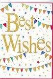 The congratulations card glows with a bright, party-like charm, as if the happy buzz of a Lisson Grove gathering has been distilled into a single image. Across the centre, the words Best Wishes are written in flowing gold script, slightly raised and lightly glittered, so the lettering appears to shimmer gently against the clean white background. The gold has a warm, inviting tone, reminiscent of the soft glow of shopfronts along nearby streets on an early evening. Surrounding this central message, garlands of bunting sweep overhead and below in soft curves, creating a framing effect that draws the eye in. Each tiny triangular flag is painted in rich, joyful colours-crimson, ocean blue, fresh green, sunshine yellow-with playful patterns that alternate between bold stripes, fine dots, and patchwork-style shapes. These arcs of colour evoke memories of local street fairs or community celebrations close to Regent's Park, where strings of flags sway slightly in the breeze. Dotted around the bunting and lettering are small stars and delicate points of colour, like confetti mid-air just before it settles, adding to the sense of motion and festivity. The simplicity of the white space keeps everything feeling light and uncluttered, allowing the gleam of the gold script and the lively hues of the pennants to stand out clearly. This card would sit beautifully beside a hand-tied bouquet, ready to be delivered across Lisson Grove to congratulate someone on a new adventure, a milestone birthday, or a fresh start. It conveys a gentle but unmistakable message of joy, encouragement, and shared celebration.