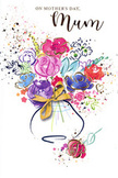 This Mother's Day card showcases a lively watercolour bouquet that seems to bloom straight from the paper, echoing the charm of flowers delivered around Lisson Grove. The arrangement is painted with sweeping, fluid strokes, where velvety cerise and hot pink blossoms are defined by subtle indigo outlines that give shape without losing softness. Hints of violet, cornflower blue, and gentle lavender mingle with warm touches of apricot and sunny yellow, creating a balanced palette that feels both joyful and soothing, like a bright bouquet placed on a kitchen table after a morning walk through Regent's Park. Delicate accents of gold shimmer along the edges of select petals and leaves, suggesting a refined sparkle, as though the flowers are catching soft daylight. Around the main cluster of blooms, light-hearted paint splatters and tiny heart motifs drift across the white background, adding movement and a sense of celebration, like laughter and conversation filling a family home. The vase beneath is sketched with relaxed, curving lines and a wash of colour, finished with an elegant golden bow that evokes the feeling of untying ribbon on a lovingly wrapped floral gift. Negative space surrounds the artwork, allowing the bouquet's colours to glow and breathe, giving the card an airy, heartfelt presence. The whole illustration feels like the quick yet thoughtful study a florist might make before creating a real arrangement-spontaneous, expressive, and deeply intentional. It becomes more than just a greeting; it's a visual hug, meant to accompany Mother's Day flowers and carry a message of appreciation, tenderness, and enduring love.
