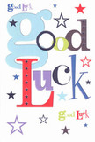 A bold, cheerful good luck card lies against a crisp white backdrop, its Good Luck message playfully scattered across the centre in oversized, pastel-blue letters intertwined with deep reds, mossy greens, and rich purples. Each character feels hand-chosen by a designer with an artist's eye, like mixing paints on a palette to create the perfect wish before tucking it beside a bouquet ready for delivery across Lisson Grove. Around the wording, pops of navy, lilac, lemony lime, and soft teal stars are sprinkled in every direction, some sharp and defined, others faded and translucent, echoing the way city lights glow softly over Regent's Canal on a clear evening. The white background is smooth and uncluttered, allowing every colour to breathe and giving the design a clean, modern London feel, as if the card had been plucked from a boutique near Marylebone Road. Though flat in the photograph, you can almost sense the tactile pleasure of quality cardstock beneath your fingertips-the subtle resistance as you run your hand across the printed letters, the neat, reassuring edge of the card as it rests in your palm. The stars seem to orbit the phrase like encouraging thoughts swirling before an exam, an audition, or a first day at a new office off Lisson Grove's quiet side streets. It's the sort of card you might press gently into a friend's hand at a café near Paddington Green, the colours and whimsical layout carrying a simple, heartfelt message: someone believes in you, and every star in this little sky is quietly rooting for your next chapter.