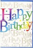 This birthday card design feels like a burst of party energy captured on paper, the sort of piece that would sit beautifully beside a bright birthday bouquet delivered around Lisson Grove. Dominating the front, the words Happy Birthday appear in big, friendly, and slightly rounded block letters, each one painted in a different shade that gently blends into the next. The colours travel through the entire rainbow: rich reds and pinks flow into sunset oranges and golden yellows, before softening into fresh greens, turquoise, ocean blue, and regal purple, like a row of colourful bunting strung above a local celebration near Church Street. There is a smooth, almost velvety finish implied in the printing, hinting that the letters might catch and reflect ambient light in a gentle sheen. Behind this vibrant headline, the entire background is covered with a repeating line-Happy Birthday to you-written in elegant cursive, fine and looping, as if carefully penned by hand in shining gold ink. The script appears slightly raised and sparkling, as though it has been dusted with glitter or stamped in metallic foil, creating a subtle, luxurious shimmer. Tiny stars and specks of colour dot the spaces between the words, suggesting scattered confetti or the last sparkles of a birthday candle. A clean border surrounds the artwork, giving it a tidy, gift-ready presentation. The overall mood is upbeat yet tasteful, ideal for someone who enjoys bold colour with a touch of sophistication, and perfectly suited to accompany a festive arrangement arriving from a nearby Lisson Grove flower shop.