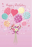 A whimsical birthday scene unfolds like a daydream over Lisson Grove, where a cluster of pastel balloons appears to lift a delicate bouquet into the air. The artwork centres on this floating gathering: balloons in soft pink, mint, lemon, lilac, and creamy white, each wearing its own personality. Some carry candy-coloured stripes that curl like party streamers, others are sprinkled with playful polka dots, and one gentle heart-shaped balloon glows with affectionate warmth at the centre. Tucked just below, a bouquet of roses and anemone-like blooms blossoms in tones of ivory, blush, and muted mauve, their petals looking feathery and soft, as though freshly arranged moments ago for a birthday delivery to one of the townhouses off Lisson Grove. A violet satin bow ties the stems neatly, the ribbon smooth and slightly reflective, giving the sense of expert hands finishing a special order. Around the flowers and balloons, tiny star and butterfly motifs seem to scatter across a soft pink backdrop, adding a hint of fairy-tale wonder reminiscent of a tranquil walk toward Regent's Park at dusk. The lighting feels gentle and even, giving the balloons a subtle sheen and the flowers a natural, velvety glow. Nothing feels rushed; instead, the composition radiates calm joy and quiet excitement, like the moment just before candles are lit on a birthday cake. It's an image that turns a simple greeting into a tender, uplifting celebration of colour, light, and fresh blooms in the heart of NW1.