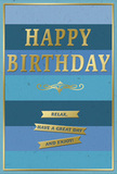 A stylish blue and gold birthday card sits poised as though waiting to accompany a hand-delivered bouquet somewhere in Lisson Grove, its design calm yet unmistakably celebratory. The background features broad, horizontal stripes that subtly shift from dark navy at the top to softer, lighter blues at the bottom, forming a gentle gradient that feels like watching evening light fade over nearby Baker Street. Centered across these layered blues is the bold message HAPPY BIRTHDAY, rendered in tall, gold, embossed letters. The metallic foil catches the light, giving each letter a soft golden gleam that adds a sense of occasion without overwhelming the soothing palette. Just below the main greeting, a graceful gold flourish sweeps elegantly from side to side, adding a touch of classic charm, as if inspired by vintage typography from an old Marylebone shopfront. Beneath this sits a trio of golden banners, neatly stacked and evenly spaced. Each ribbon carries part of the friendly sentiment: Relax, have a great day and enjoy!, the wording simple and heartfelt. A slender gold border runs all the way around the card, framing the design like a small work of art ready to stand beside a birthday cake or vase of seasonal flowers. The card stock appears smooth and substantial, the contrast between matte blues and shiny gold foil giving it both texture and depth. Overall, the image conveys a sense of gentle joy and well-earned rest, ideal for a thoughtful birthday moment in NW1.