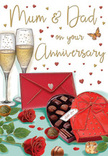 This illustrated anniversary card presents a warm, romantic tableau that could easily belong on a side table in a Lisson Grove flat on a special evening. Two graceful champagne flutes stand close together at the centre, filled with pale gold fizz, the bubbles sparkling softly as if lit by candlelight. Around them, richly coloured red roses with velvety petals are scattered with care, accented by glossy green leaves that bring a sense of freshness and life, much like a hand-tied bouquet from a trusted neighbourhood florist. In the foreground, a heart-shaped box of chocolates rests open, its interior lined with indulgent truffles neatly arranged, each one promising a sweet bite to be shared. The box is dressed with a sumptuous red bow, loops full and flowing, mirroring the romantic red tones of the roses. Beside it, a bright scarlet envelope lies sealed, hinting at a handwritten message of love and gratitude, perhaps addressed to Mum & Dad from children who grew up nearby and now return to celebrate. Scattered golden and crimson hearts drift across the background, weaving through soft, hand-lettered anniversary wishes that lend the design a personal, heartfelt touch. The overall atmosphere is one of intimate celebration-quiet, luxurious, and deeply affectionate-evoking the sense of a cherished moment shared behind familiar doors on a tree-lined street in Lisson Grove.